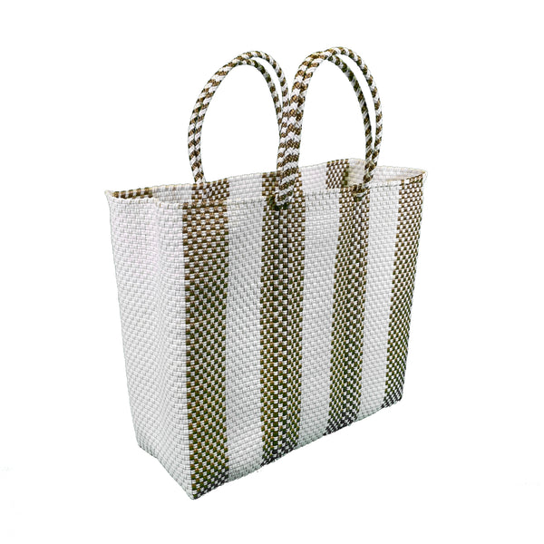 Handwoven Plastic Tote (gold/white stripe, medium)